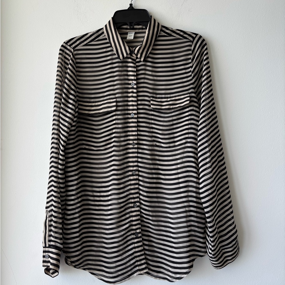 Old Navy Button Up Top Stripe Black Beige Pocket Sheer Women M Minimalist Office